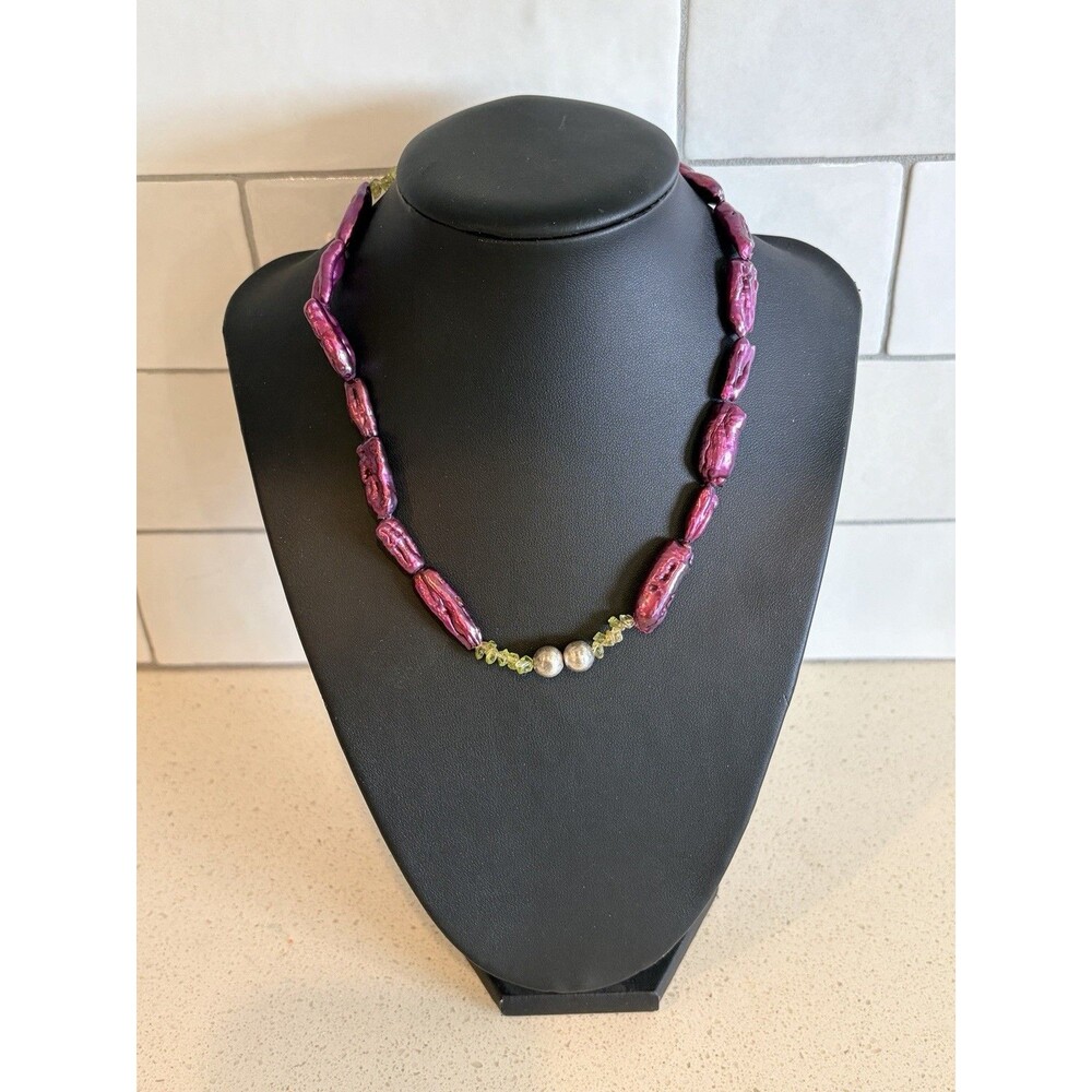 Fresh Water Peacock Biwa Pearl & Peridot Necklace Sterling Silver Clasp & Beads